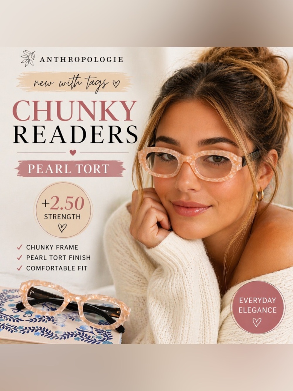 Anthropologie Peach Pearl Tortoise Chunky Readers